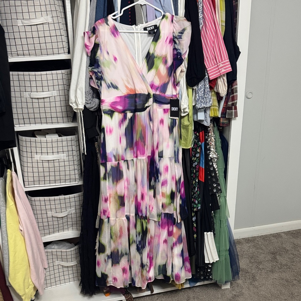 DKNY Pink, Purple & Green Watercolor Floral Tiered Maxi Dress